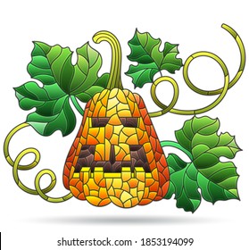 Illustration in stained glass style with a pumpkin for Halloween, a pumpkin with leaves isolated on a white background