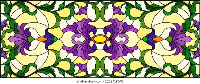 Illustration in stained glass style with  purple flowers, leaves and buds  on a yellow background, symmetrical image, horizontal orientation
