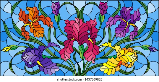 Illustration in stained glass style with purple bouquet of irises, flowers, buds and leaves on blue background