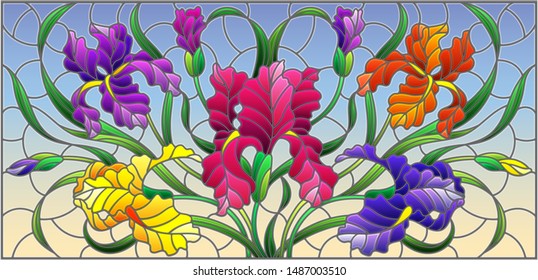 Illustration in stained glass style with purple bouquet of irises, flowers, buds and leaves on blue background