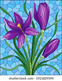 Illustration in stained glass style with purple hyacinth flowers on a blue background, rectangular image