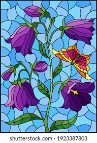 Illustration in stained glass style with purple bell flower and a butterfly on a blue background, rectangular image