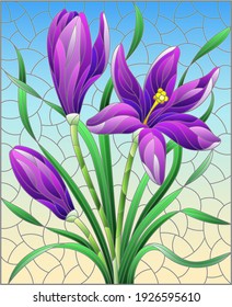Illustration in stained glass style with purple hyacinth flowers on a blue background, rectangular image