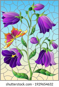 Illustration in stained glass style with purple bell flower and a butterfly on a blue background, rectangular image