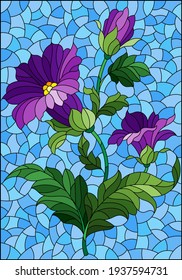 Illustration in stained glass style with purple flowers on a blue sky background, rectangular image