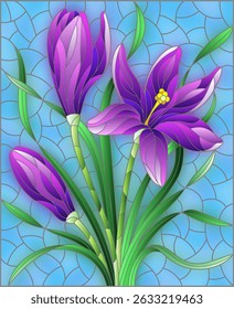 Illustration in stained glass style with purple hyacinth flowers on a blue background, rectangular image