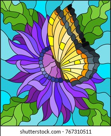 Illustration in stained glass style with a purple Aster flower and bright yellow butterfly on a blue background