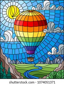 Illustration in stained glass style with a rainbow hot air balloon flying over a plain with a river on a background of mountains, cloudy sky and sun