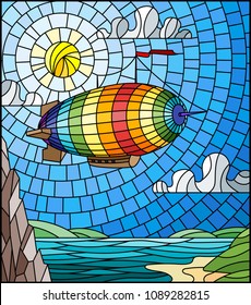 Illustration in stained glass style with a rainbow airship flying over a plain with a lake on a background of mountains, cloudy sky and sun