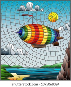 Illustration in stained glass style with a rainbow airship flying over a plain with a lake on a background of mountains, cloudy sky and sun