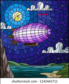 Illustration in stained glass style with a rainbow airship flying over a plain with a lake on a background of mountains, starry sky and moon