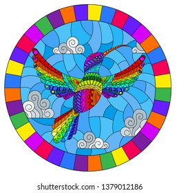 Illustration in stained glass style with rainbow abstract Hummingbird bird flying against the sky and clouds, oval image in bright frame