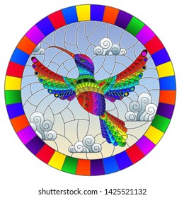 Illustration in stained glass style with rainbow abstract Hummingbird bird flying against the sky and clouds, oval image in bright frame