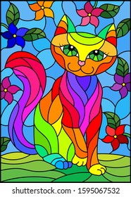 Illustration in stained glass style with a   rainbow cute cat on a background of meadows, bright flowers and sky