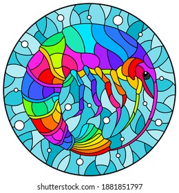 Illustration in stained glass style with a  rainbow shrimp on a background of water and air bubbles, round image