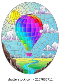 Illustration in stained glass style with a rainbow hot air balloon flying over a plain with a river on a background of mountains, cloudy sky and sun, oval image