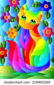 Illustration in stained glass style with a   rainbow cute cat on a background of meadows, bright flowers and sky