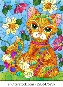 Illustration in stained glass style with a   rainbow cute cat on a background of meadows, bright flowers and sky