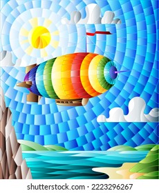 Illustration in stained glass style with a rainbow airship flying over a plain with a lake on a background of mountains, cloudy sky and sun