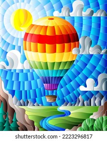 Illustration in stained glass style with a rainbow hot air balloon flying over a plain with a river on a background of mountains, cloudy sky and sun