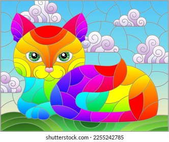 Illustration in stained glass style with a rainbow cute cat on a background of meadows, and sky