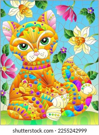Illustration in stained glass style with a   rainbow cute cat on a background of meadows, bright flowers and sky