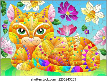 Illustration in stained glass style with a   rainbow cute cat on a background of meadows, bright flowers and sky