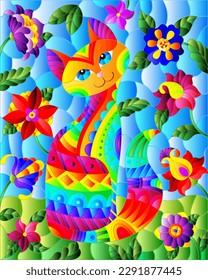Illustration in stained glass style with a   rainbow cute cat on a background of meadows, bright flowers and sky
