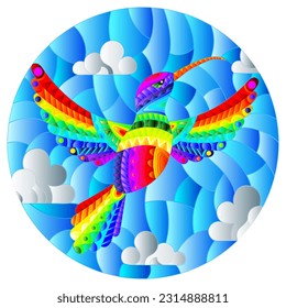 Illustration in stained glass style with rainbow abstract Hummingbird bird flying against the sky and clouds, oval image