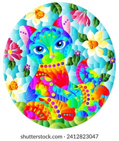 Illustration in stained glass style with a   rainbow cute cat on a background of meadows, bright flowers and sky, oval image