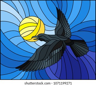 Illustration in stained glass style raven on the background of sky, sun and sun