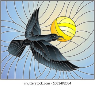 Illustration in stained glass style raven on the background of sky, and sun