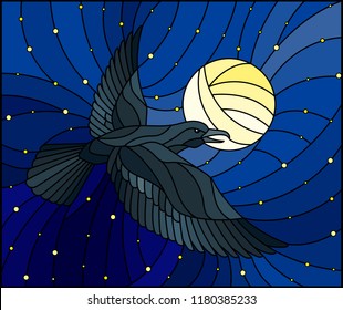 Illustration in stained glass style raven on the background of starry sky,  and moon