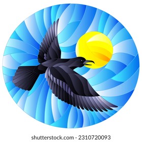 Illustration in stained glass style raven on the background of sky and sun, oval image