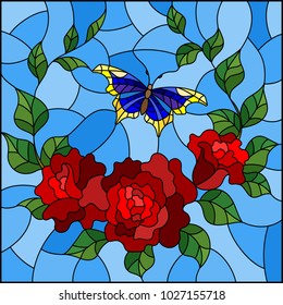 Illustration in stained glass style with red flowers and leaves of  rose, and blue butterfly ,square picture