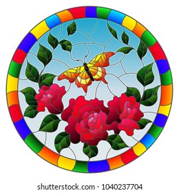 Illustration in stained glass style with red flowers and leaves of  pink rose, and yellow butterfly round picture in a bright frame 