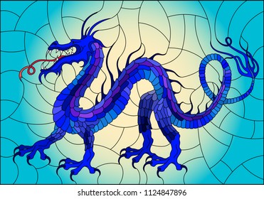 Illustration in stained glass style with red abstract dragon on  sky background