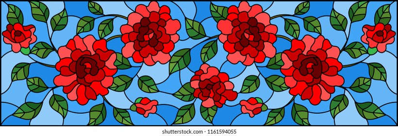 Illustration in stained glass style with red rose branches on blue background, rectangular image