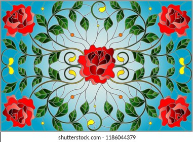 Illustration in stained glass style with red rose branches on blue background, rectangular image