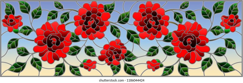 Illustration in stained glass style with red rose branches on blue background, rectangular image
