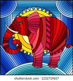 Illustration in stained glass style with red elephant on abstract blue geometric background with sun 