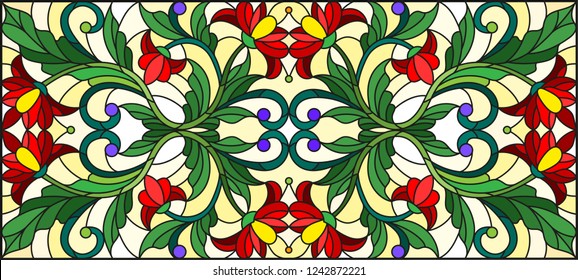Illustration in stained glass style with  red flowers, leaves and buds  on a yellow background, symmetrical image, horizontal orientation