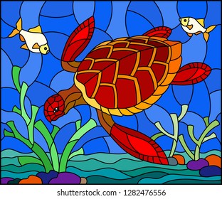 Illustration in stained glass style with red  sea turtle on the seabed background with algae, fish and stones