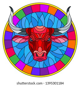 Illustration in stained glass style with red  bull head in round frame on white background