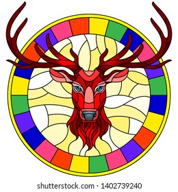 Illustration in stained glass style with red deer head in round frame on white background