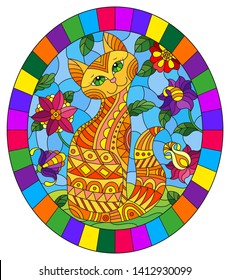 Illustration in stained glass style with a   red  cute cat on a background of meadows, bright flowers and sky, oval image in bright frame 