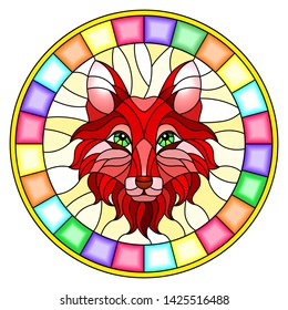 The illustration in stained glass style  with a red fox head , a circular image with bright frame