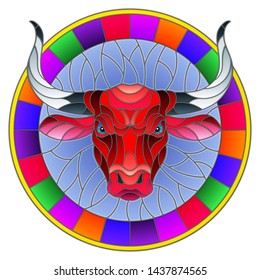 Illustration in stained glass style with red  bull head in round frame on white background