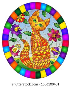Illustration in stained glass style with a   red  cute cat on a background of meadows, bright flowers and sky, oval image in bright frame 