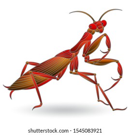 Illustration in stained glass style with red mantis, insect isolated on white background